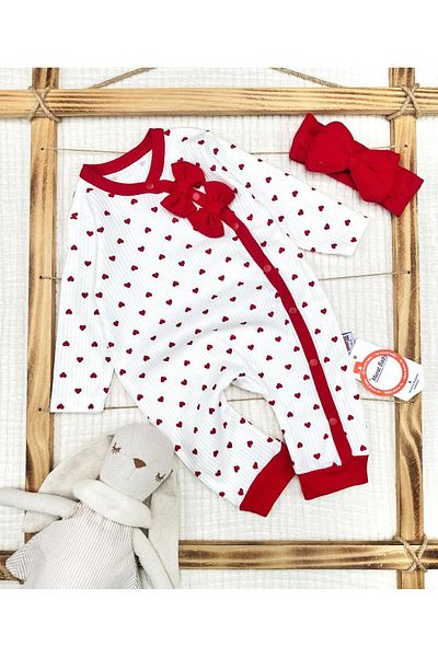 Murat Baby Baby Girl Red Heart Bow Bandana Front Snap Cotton Jumpsuit
