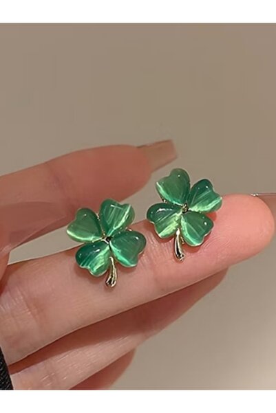 Shisa Jewel Yeşil Renkli Tonlu 925 Gümüş post Yonca Şekilli Küpe, Hafif Lüks  Yönlü Şanslı Bitki Küpeleri (A34)