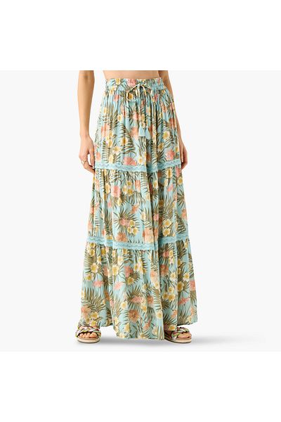 FAV Floral Print Tiered Maxi Skirt with Elasticated Waistband