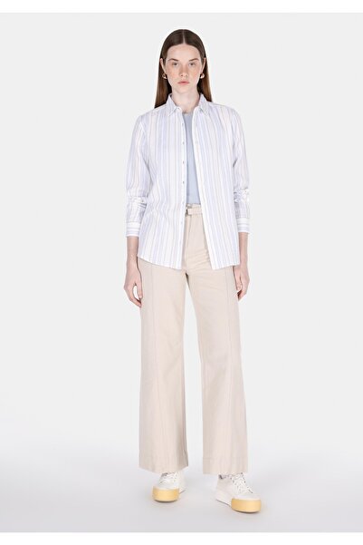 Colin's Regular Fit Shirt Neck Çizgili Kadın Beyaz Uzun Kol Gömlek