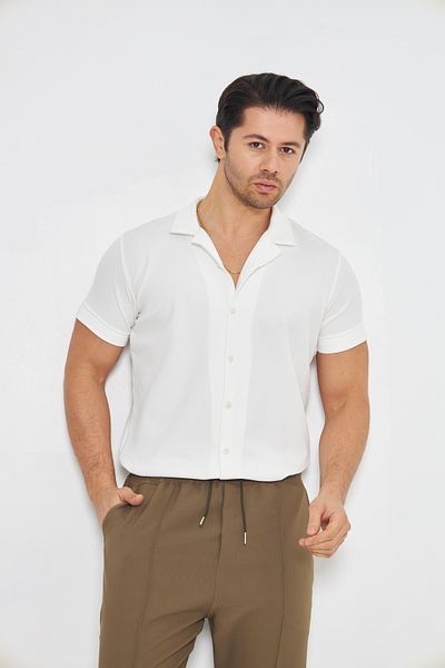 ZİNOX Men's Knitted Fabric Buttoned Apache Collar Stylish Crepe Pattern Short Sleeve Shirt Suitable for Daily Use