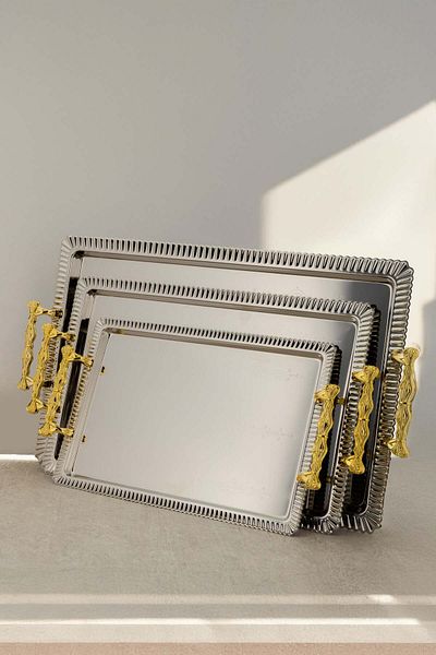 ALSAIF 3-Pieces Serving Tray Set, Modern And Elegant Design That Adds Touch To Any Space, Gold/Silver