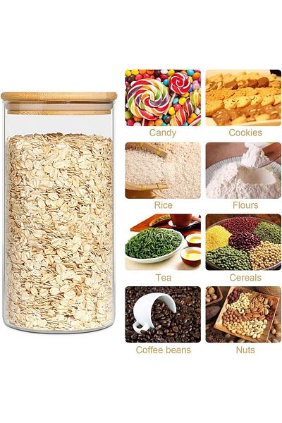 AKDC Set of 4 Round Glass Jars with Bamboo Lids, Airtight Storage for Pasta, Tea, Snacks (1500ML)
