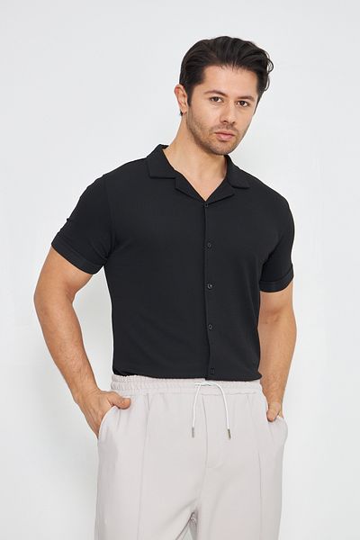 ZİNOX Men's Knitted Fabric Buttoned Apache Collar Stylish Crepe Pattern Short Sleeve Shirt Suitable for Daily Use