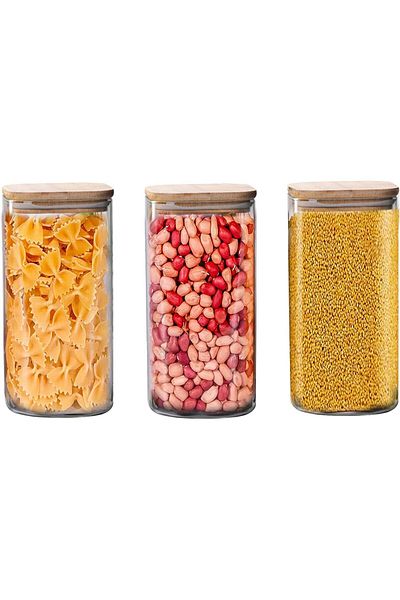 AKDC Set of 3 Square Glass Jars with Bamboo Lids, Airtight Storage for Pasta, Tea, Snacks (1600ML)