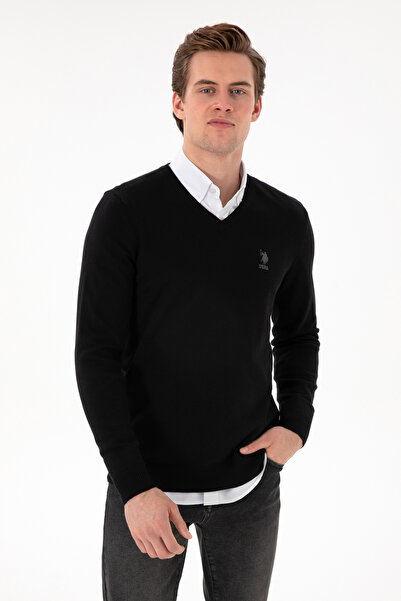 U.S. Polo Assn. سترة رجالية أساسية سوداء بياقة على شكل حرف V قصة ضيقة 5028888...