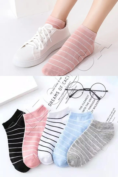 Meguca Socks 5 Çift Kadın Renkli Çizgili Extra Yumuşak Pamuklu Patik Çorap Seti