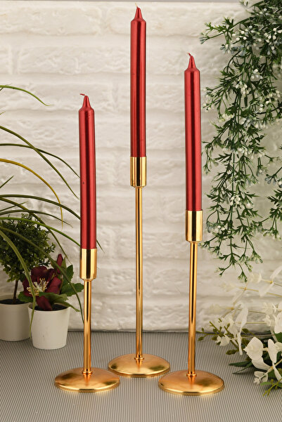 AKSESUAR EVRENİ Gianno Dekoratif Düz Tij Mumluk 3 Lü Takım Gold