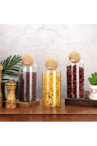 AKDC Glass Food Storage Canister with Airtight Cork Lid [1000ml/34Oz], Set of 3 for Pantry