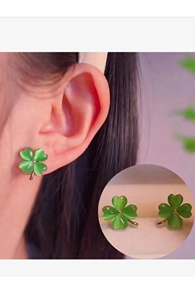 Shisa Jewel Yeşil Renkli Tonlu 925 Gümüş post Yonca Şekilli Küpe, Hafif Lüks  Yönlü Şanslı Bitki Küpeleri (A34)