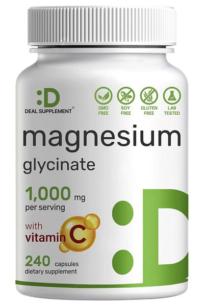 DEAL SUPPLEMENT Magnesium Glycinate 500mg, 1000mg with Vitamin C, 240 Caps - Chelated for Absorption