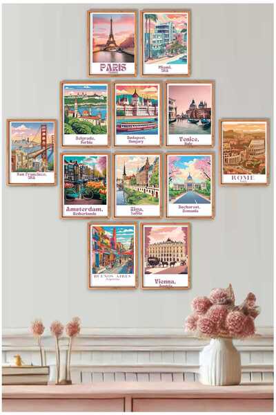 UNT 12 Parça Ahşap Çerçeve Görünümlü Travel Dünya Şehirleri Sanatsal Tablo Seti