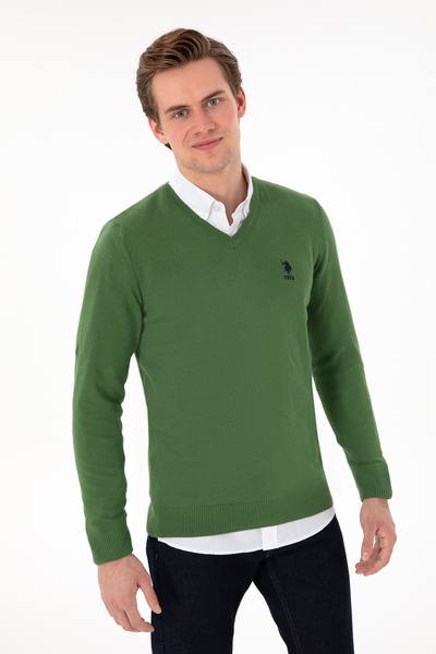 U.S. Polo Assn. سترة رجالية أساسية ذات رقبة على شكل حرف V باللون الأخضر قصة ض...