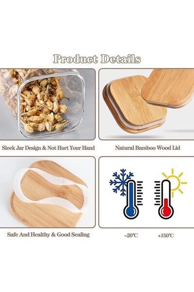 AKDC Set of 4 Square Glass Jars with Bamboo Lids, Airtight Food Storage for Pasta, Tea, Snacks