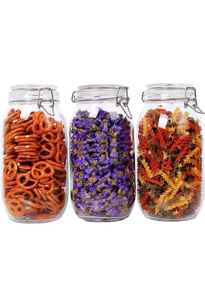 AKDC ComSaf Glass Storage Jars with Lids, Set of 3, 1000ml, Airtight Canning Canisters for Kitchen