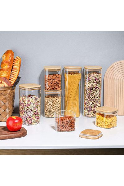 AKDC Set of 6 Square Glass Jars with Bamboo Lids, Airtight Containers for Pasta, Tea, Snacks