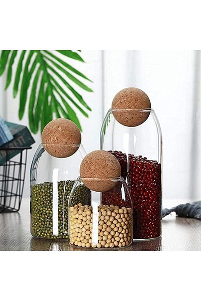 AKDC Glass Food Storage Canister with Airtight Cork Lid [500ml/16Oz], Set of 3 for Kitchen Pantry