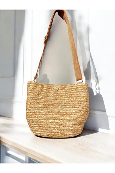 Butik El Yapımı Hasır Görünümlü Tress Kordon Kadın Çanta – Ayarlanabilir Sapl...