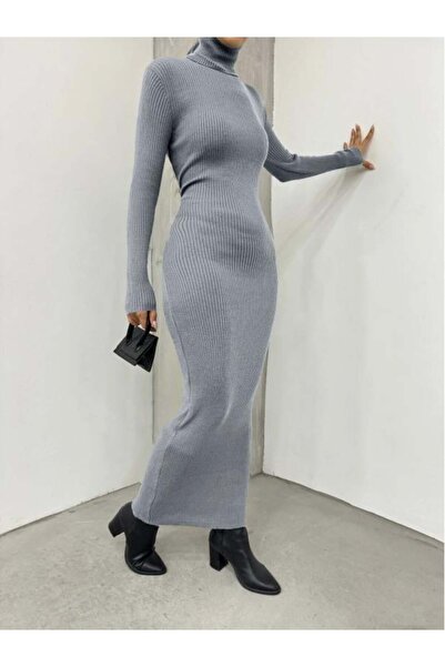 MM Mac Moda Women's High Neck Long Sleeve Corded Fabric Knitwear Dress
