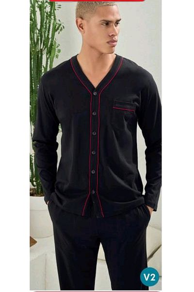 KLY Men's V-Collar Boydan Buttoned Large Size Pajama Set