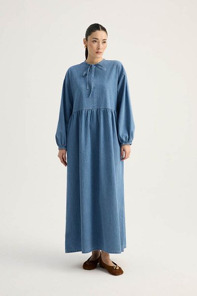 ZÜLAYS Rochie din denim cu cravată cu guler albastru