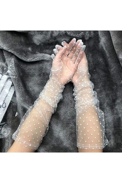 Teknosfer Long Length White Polka Dot White Color Adult Tulle Gloves
