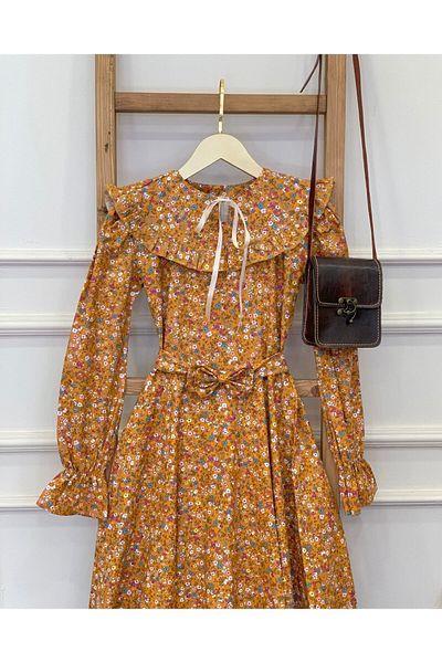 KÜÇÜĞÜM BUTİK Φόρεμα Hijab Vintage μουστάρδας με λουλουδένιο μπαλόνι με μανίκια με φορητό γιακά