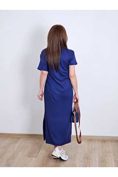 Felix Butik FELİX13309 Yuvarlak Yaka Yandan Bağlamalı Yırtmaçlı Lacivert Elbise