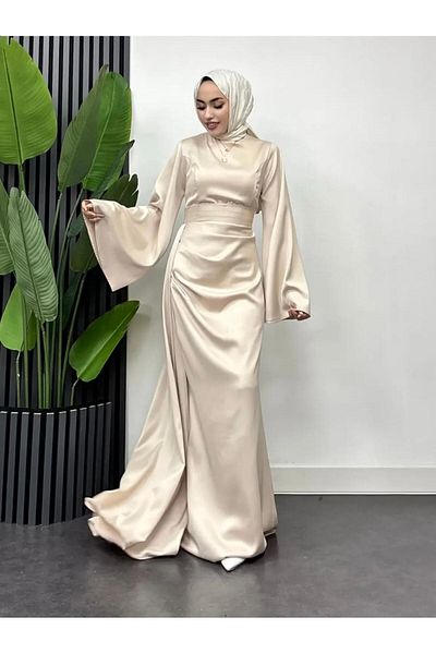 modasusev Spanish Sleeve Train Satin Hijab Evening Dress