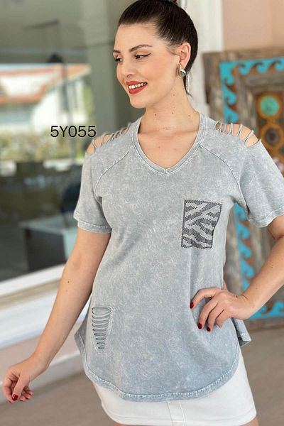 İnce Topuk Low Shoulder Stone Detailed Cotton Blouse 5Y055
