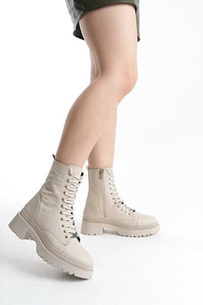 Adımla Απρίλιος Γυναικείες μπότες με μπεζ κορδόνια με σχέδιο Φθινόπωρο/Χειμώνα