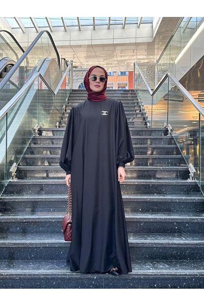 NS Moda Hijab Retro Balloon Sleeve Dress Black Model-537
