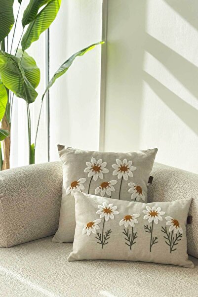 Decomia Home Modern Tufting Punch Nakışlı Keten Karışımlı İkili Papatya Kırle...