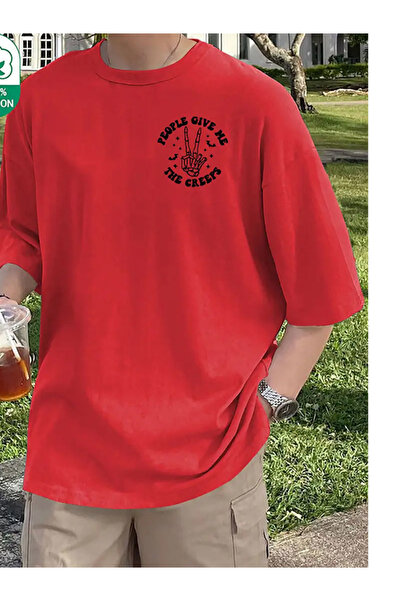 EXPECTED Ανδρικό βαμβακερό μπλουζάκι με κόκκινο στάμπα με μοτούτο κείμενο, ov...