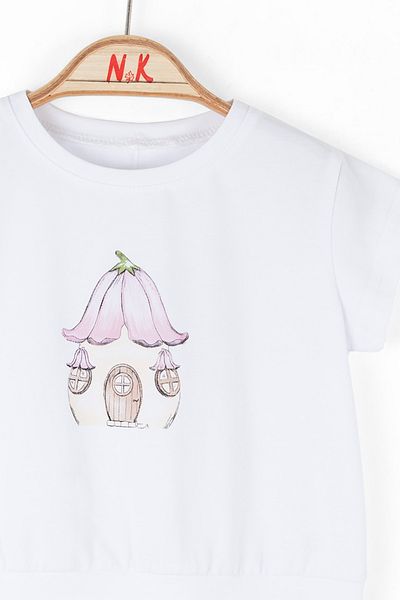 nk kids Tricou alb cu mânecă scurtă din bumbac, cu flori pentru acasă, vară, ocazional, confortabil, design elegant, pentru fete