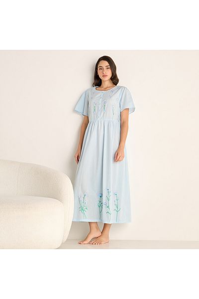 FAV Embroidered Night Dress with Round Neck and Short Sleeves