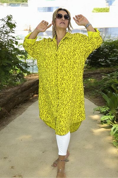 yagmurberen Plus Size Patterned Tunic Dress - Long Foldable Sleeve and Buttoned Front