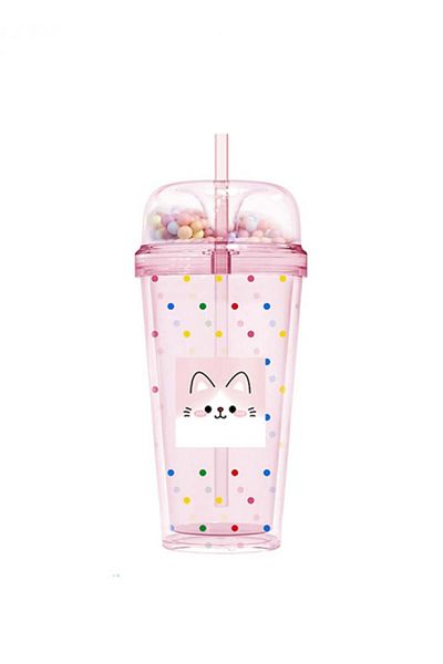 Miniso Animal Faces Collection Double Wall Plastic Cup with Straw (480mL)