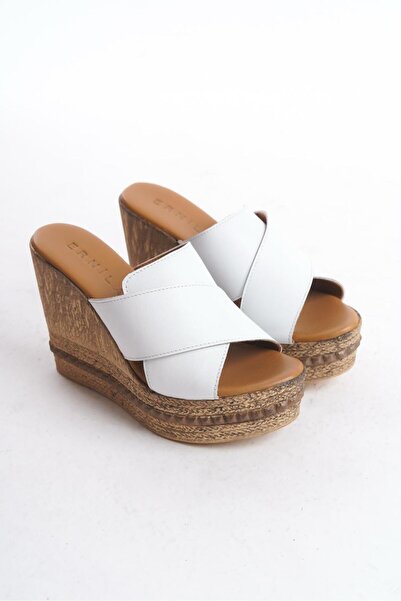 ERNİLA Ilya White Genuine Leather Wedge Heel Women's Slippers