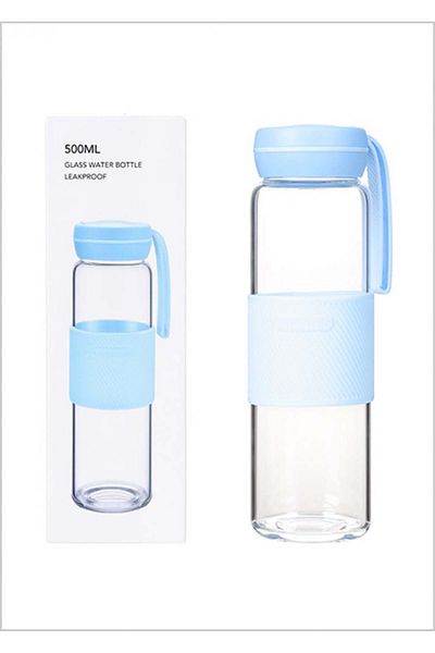 Miniso زجاجة مياه زجاجية زرقاء - 500 مل