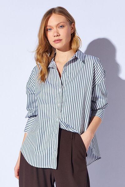 Manche Khaki Striped Oversize Comfortable Fit Basic Women's Shirt |   Mks 167429 -01
