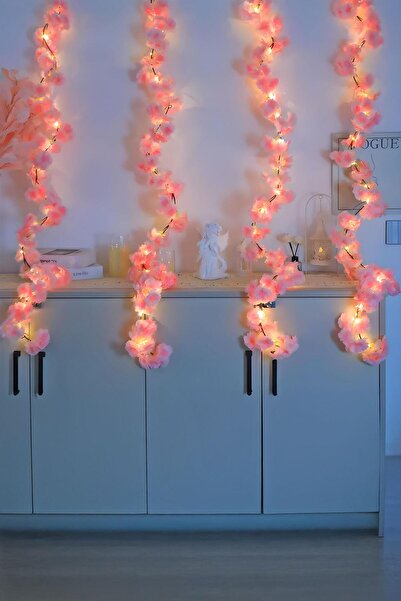 Buka Shops Pembe Kiraz Çiçeği Sarmaşığı ve 3 Metre LED Işık Seti - Yapay Çiçek Sarmaşık - 1,85 Metre Çiçek