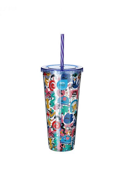 Miniso Colorful Plastic Drinking Cup with Double Wall Straw Line Drawing - 660ml