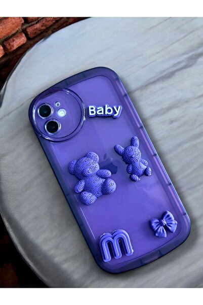 Merwish Apple iPhone 11 Uyumlu 3D Mor Ayıcıklı Baby Şeker Kamera Korumalı Köş...