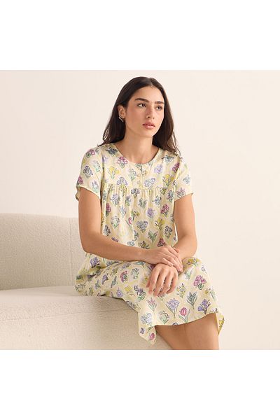 FAV All-Over Print Night Dress with Round Neck and Short Sleeves