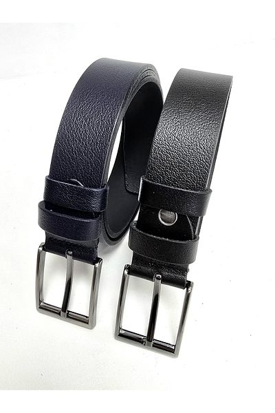 Kemerix 100% Genuine Leather 3.5 cm Black-Navy Blue 2-Piece Belt Set