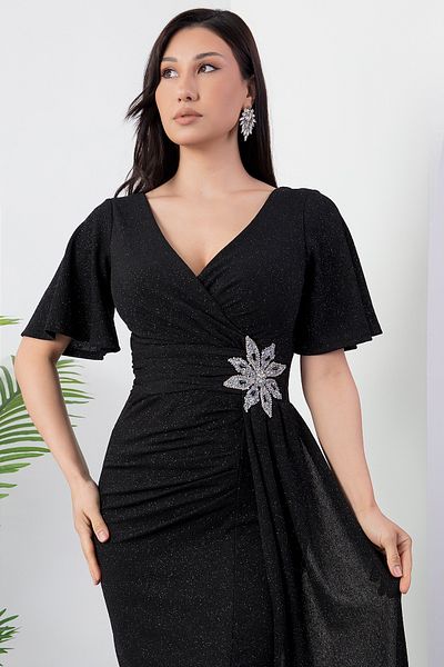 PULLIMM Rochie cu guler dublu cu talie cu flori cu pietre 39937
