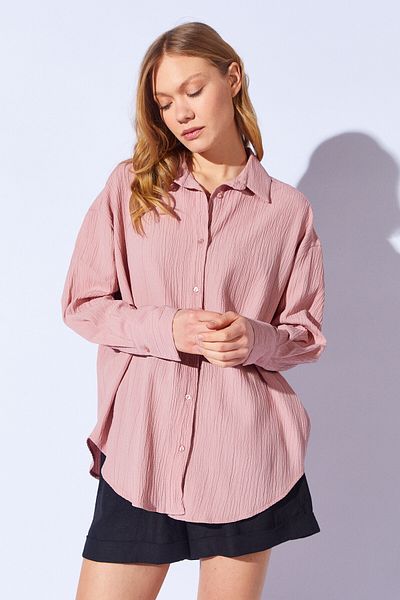 Manche Dusty Rose Seersucker Oversize Relaxed Cut Women's Shirt |   Mks 161103 -01