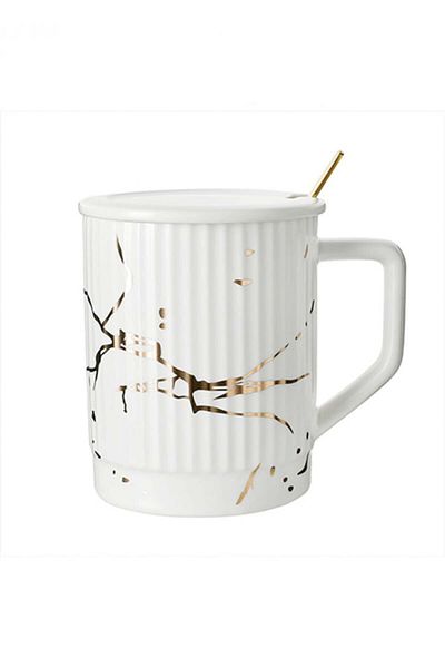 Miniso Marble Ceramic Mug with Lid & Spoon, 380mL (White)