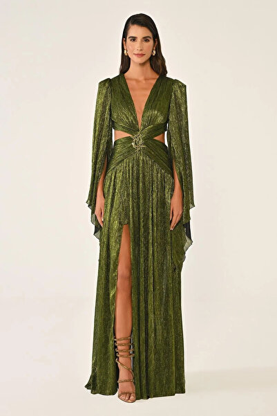 ALFABETA Women's Padded Deep Chest and Waist Low-Cut Long Slit Black-Green Evening Dress & Graduation Dress Ab6